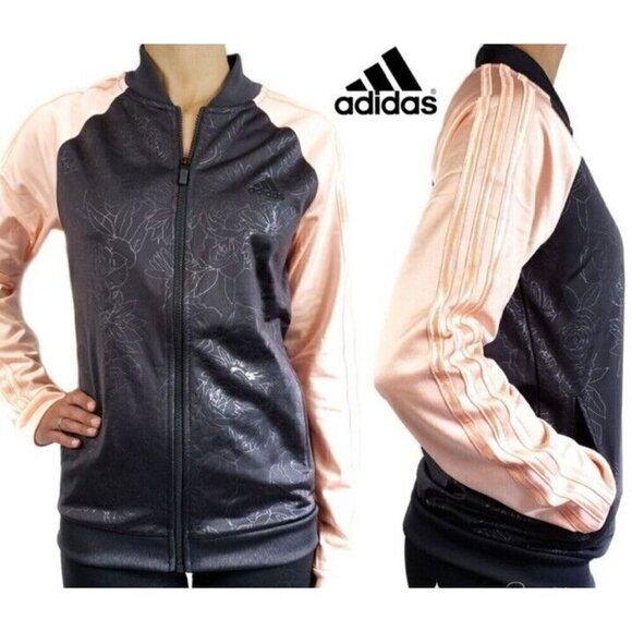 Adidas Women's Sz L Black Rose Floral Embossed Peach Contrast Sleeves Jacket - Picture 1 of 11